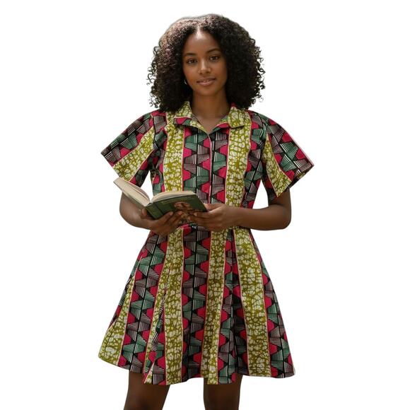 The Oula Company Womens Shirt Dress Small Ankara African Print Bold Artsy Flare - Picture 1 of 10